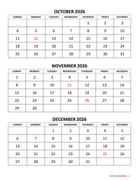 october to december 2026 calendar