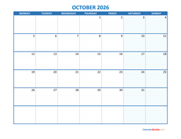 October Monday 2026 Blank Calendar