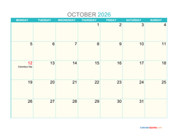 October Monday 2026 Calendar Printable