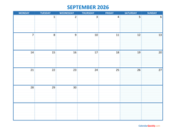 september monday 2026 blank calendar