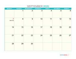 September Monday 2026 Calendar Printable