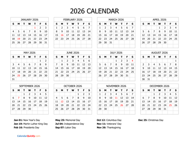 2026 Calendar with Holidays