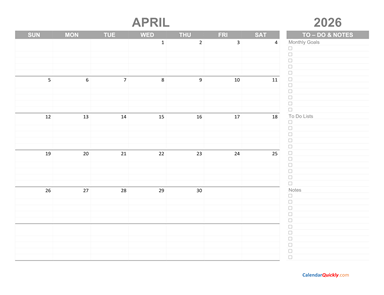 April 2026 Calendar with To-Do List