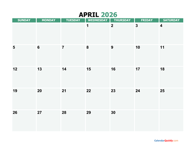 April 2026 Printable Calendar