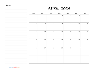 April Blank Calendar 2026 with Notes