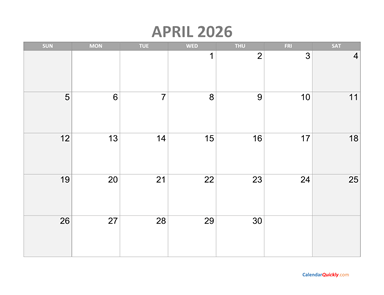 April Calendar 2026 with Holidays