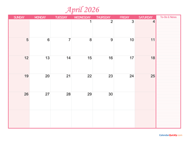 April Calendar 2026 with Notes