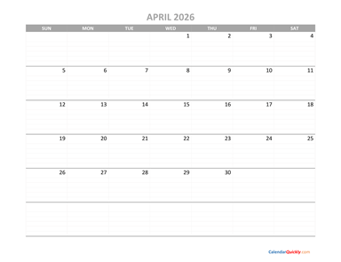 April Calendar 2026 Printable