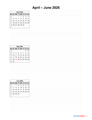 April to June 2026 Calendar with Notes