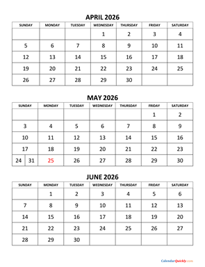 April to June 2026 Calendar Vertical