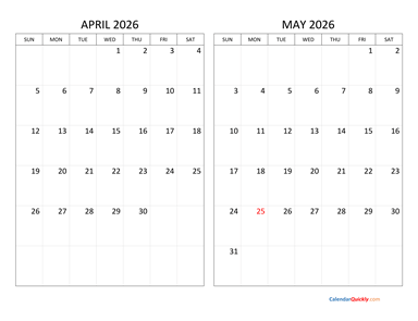 April and May 2026 Calendar Horizontal