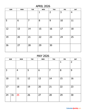 April and May 2026 Calendar Vertical