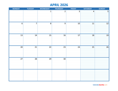 April Monday 2026 Blank Calendar