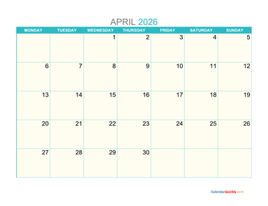 April Monday 2026 Calendar Printable