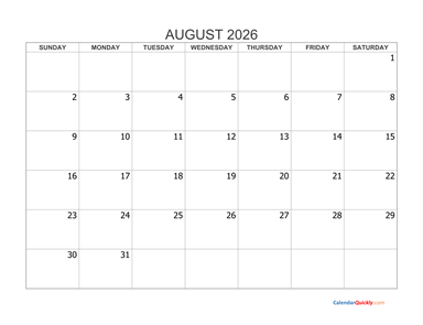 August 2026 Blank Calendar