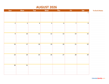 August 2026 Calendar