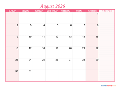 August Calendar 2026 with Notes