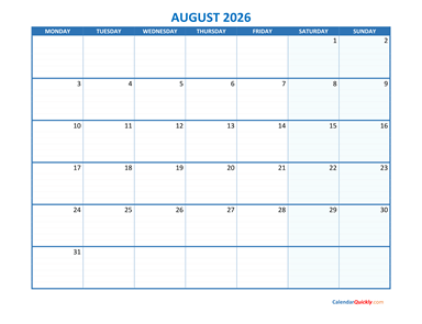 August Monday 2026 Blank Calendar