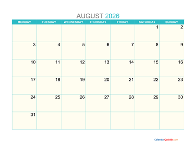 August Monday 2026 Calendar Printable