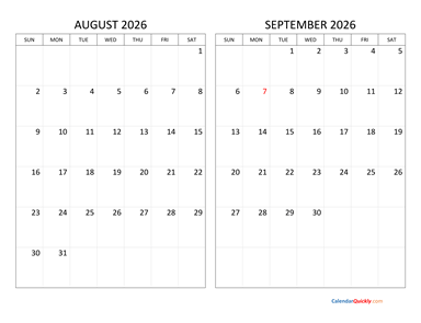 August and September 2026 Calendar Horizontal