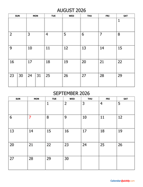 August and September 2026 Calendar Vertical