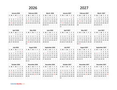 Calendar 2026 and 2027 on One Page