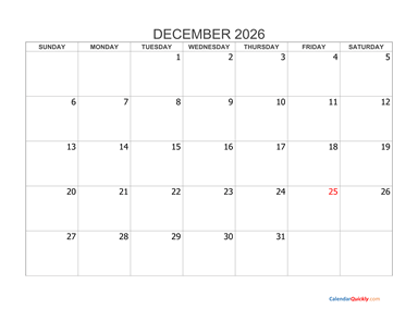 December 2026 Blank Calendar