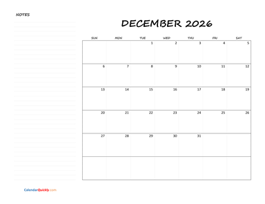 December Blank Calendar 2026 with Notes