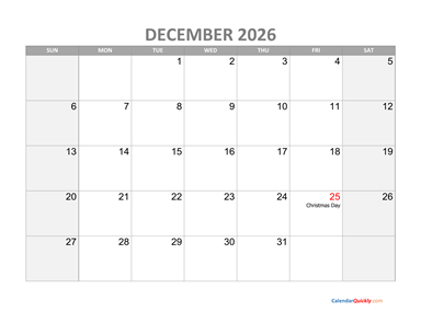 December Calendar 2026 with Holidays