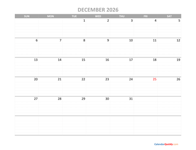 December Calendar 2026 Printable