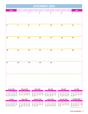 December Calendar 2026 Vertical