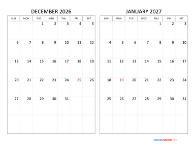 December 2026 and January 2027 Calendar Horizontal