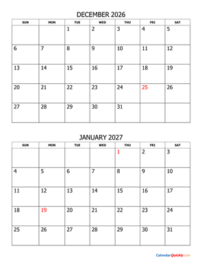 December 2026 and January 2027 Calendar Vertical