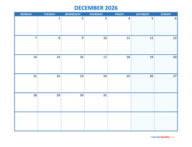 December Monday 2026 Blank Calendar