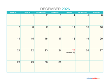 December Monday 2026 Calendar Printable