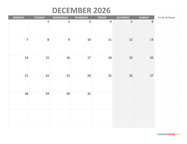 December Monday Calendar 2026 with Notes