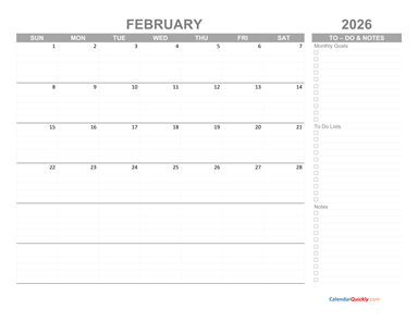 February 2026 Calendar with To-Do List