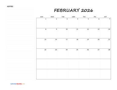 February Blank Calendar 2026 with Notes