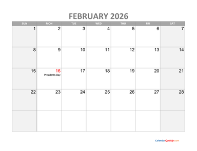 February Calendar 2026 with Holidays