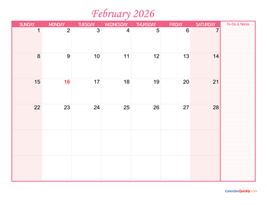 February Calendar 2026 with Notes