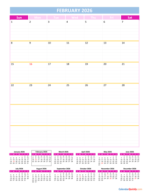 February Calendar 2026 Vertical