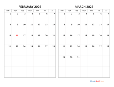 February and March 2026 Calendar Horizontal