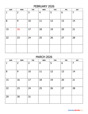 February and March 2026 Calendar Vertical