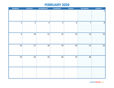 February Monday 2026 Blank Calendar