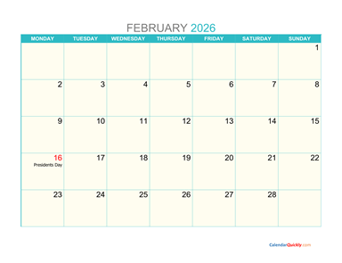 February Monday 2026 Calendar Printable