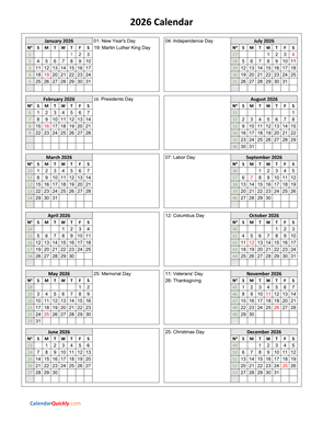 Holidays Calendar 2026 Vertical