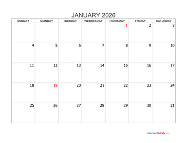 January 2026 Blank Calendar