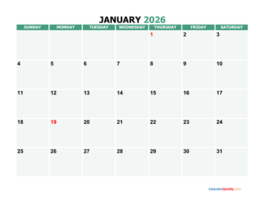 January 2026 Printable Calendar