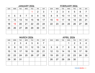 January to April 2026 Calendar