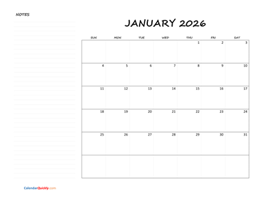 January Blank Calendar 2026 with Notes